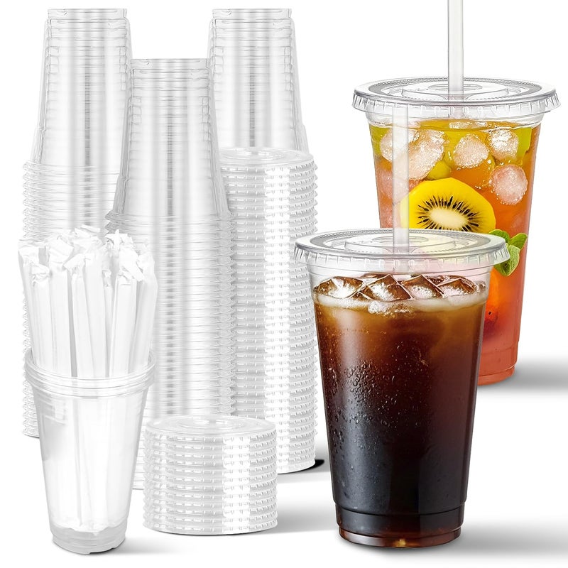 Charmount 100 Sets 20 oz Clear Plastic Cups with Lids and Straws Disposable To Go Cups for Cold Drinks Coffee Bar Accessories Iced Coffee Smoothies